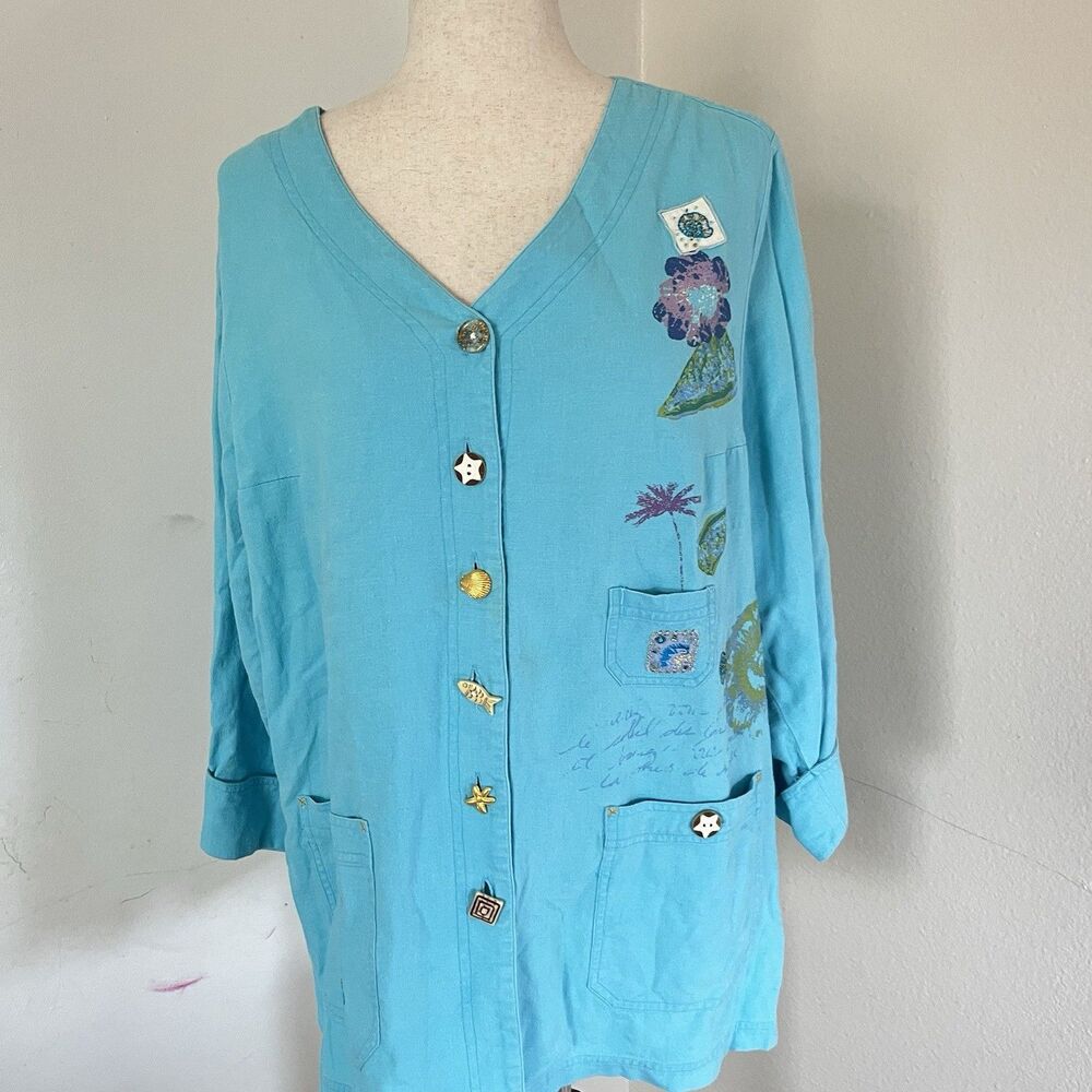 Vtg Colorful Blue Fish Collared Shirt Sz XL Vacation Linen Blend Beaded Fun